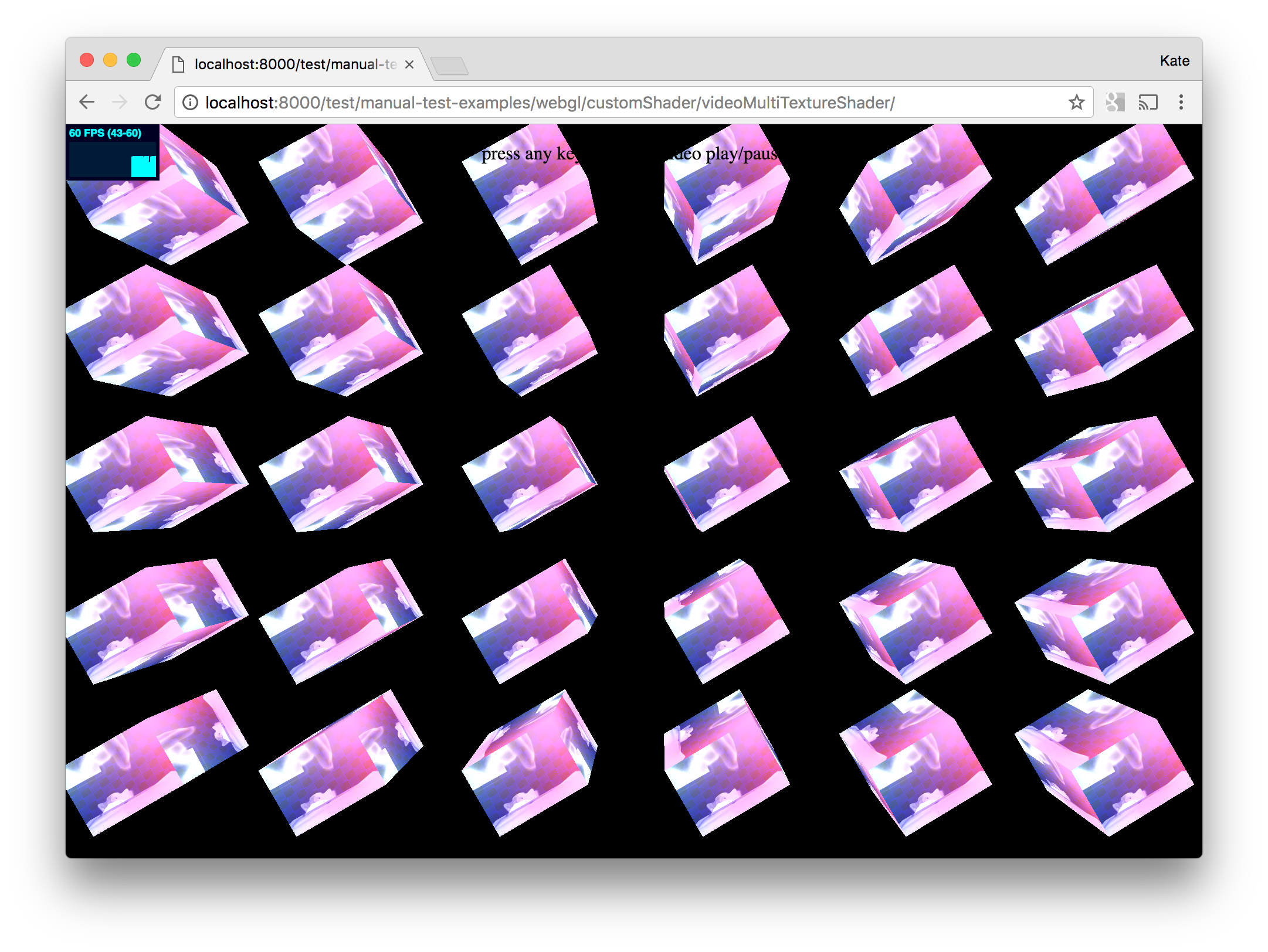 Screenshot of sketch running in the browser with a grid of cubes. The surface of each cube is rendered with a custom shader that blends an image (depicting the u,v texture grid) with a playing video (depicting hand gestures), and tinted blue/pink according the user's mouseX and mouseY position.
