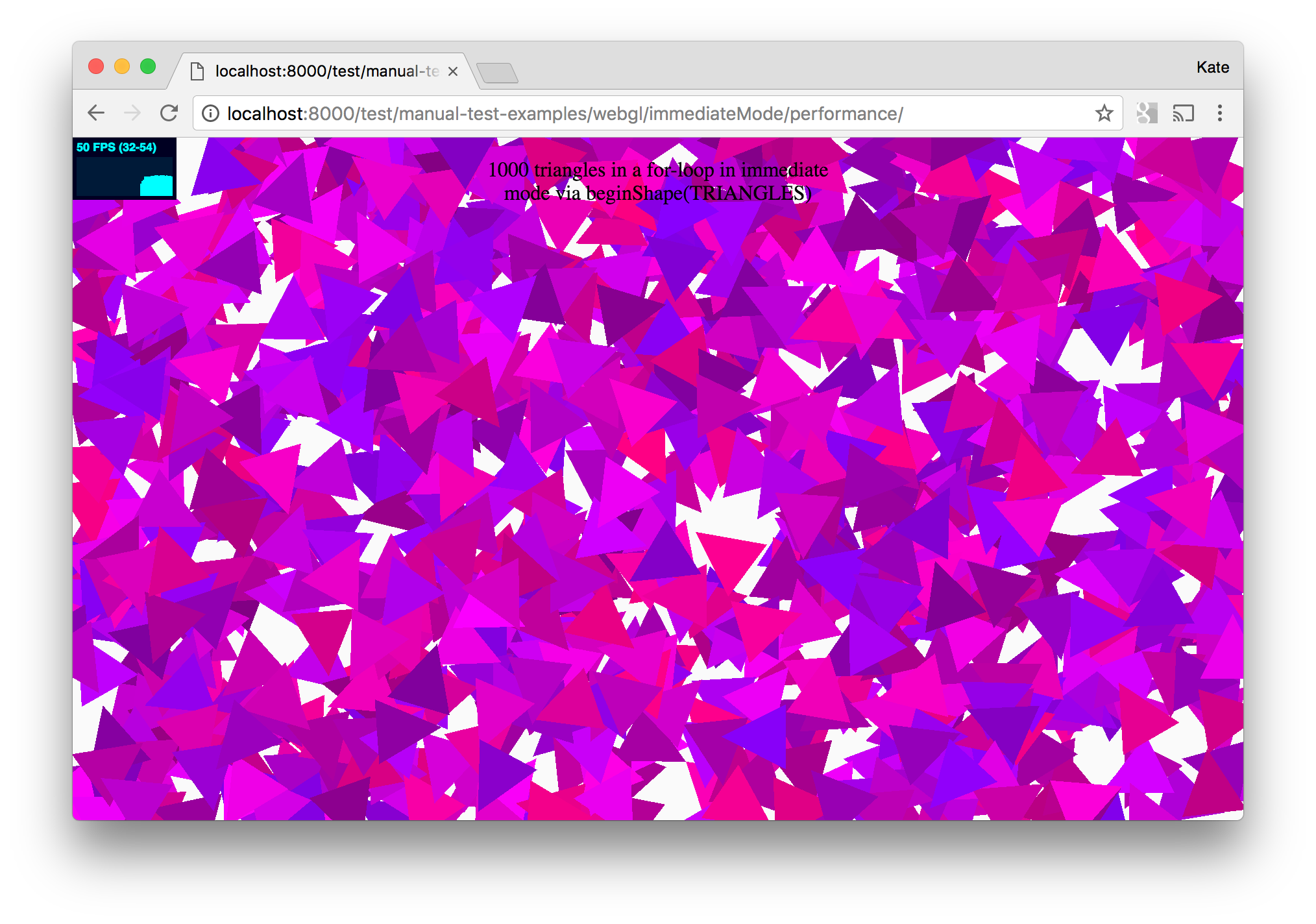 Screenshot of sketch running at 50 frames per second while drawing 1000 randomly placed and filled triangles.