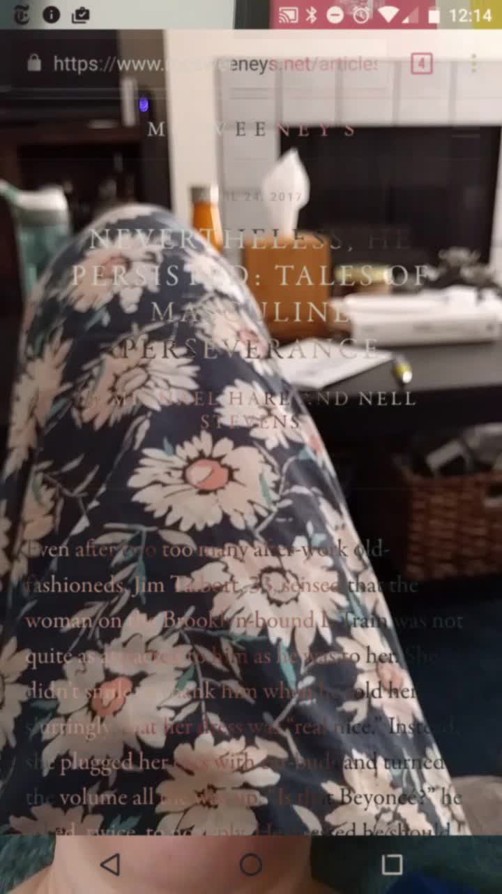 User's floral pajamas with overlay of some morning reading from McSweeney's, in still frame from user_is_present