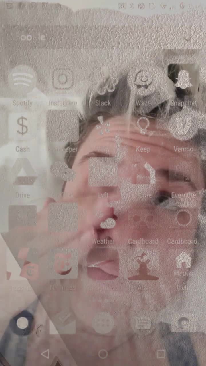 User rubbing her eyes in bed, with a collage of her homescreen and popcorn ceiling, in still frame from user_is_present