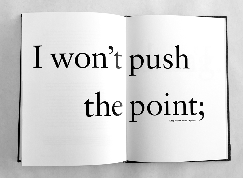 Spread with 'I won't push the point' written across two pages in large serifed type