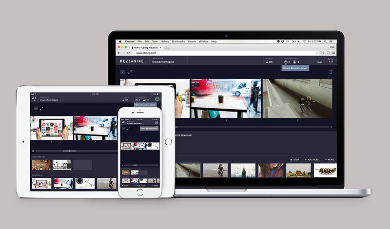 A smartphone, tablet, and laptop computer showing the same screen of the Mezzanine collaboration interface, but unique to each platform