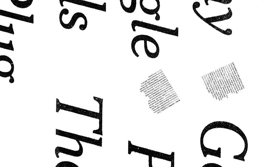 Photocopier collage with indistinct large, thin letters on the top and bottom, with small paragraphs floating in between