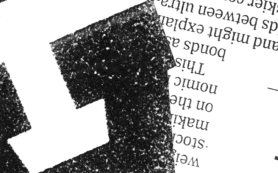 Photocopier collage showing the bottom of a capital letter A, upside down, with smaller text overlaid on top