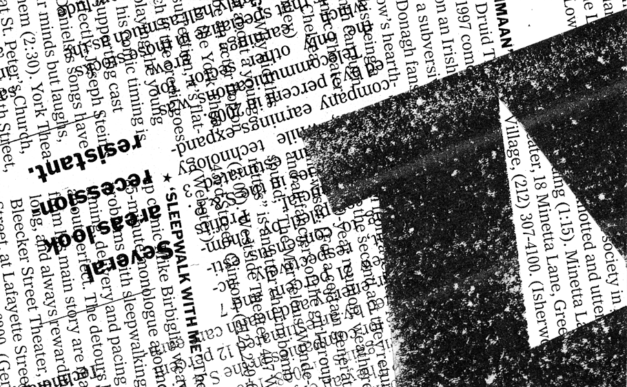 Photocopier collage shown with the top of a capital letter A, overlaid with several paragraphs of text at different angles