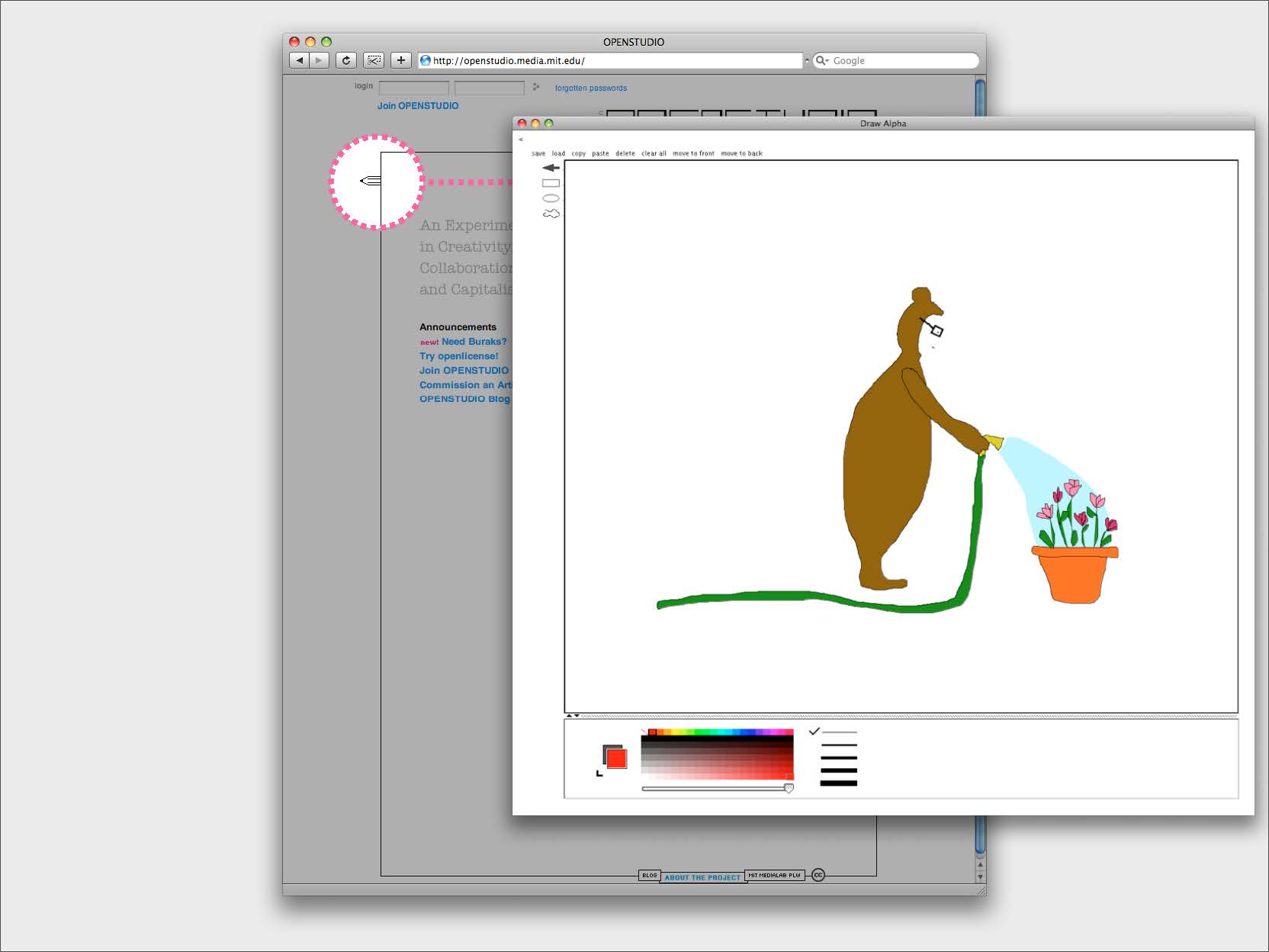 The drawing tool in Openstudio, a simple vector paint program with minimal features. Sample drawing: man in a bear suit watering flowers