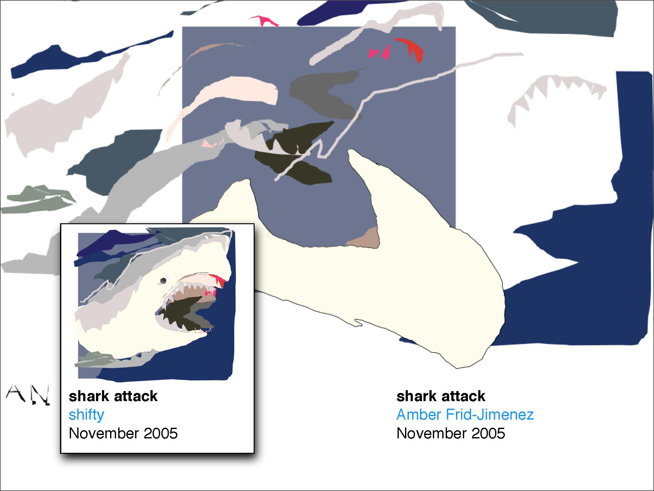 Dismantled shark drawing destroyed by one user, with the original reappropriated by another user