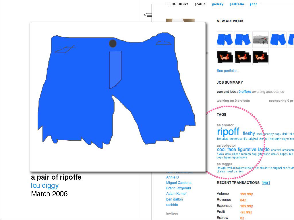 Profile page of a creator tagged with 'ripoff' and a retaliating drawing they made of some jean short cutoffs
