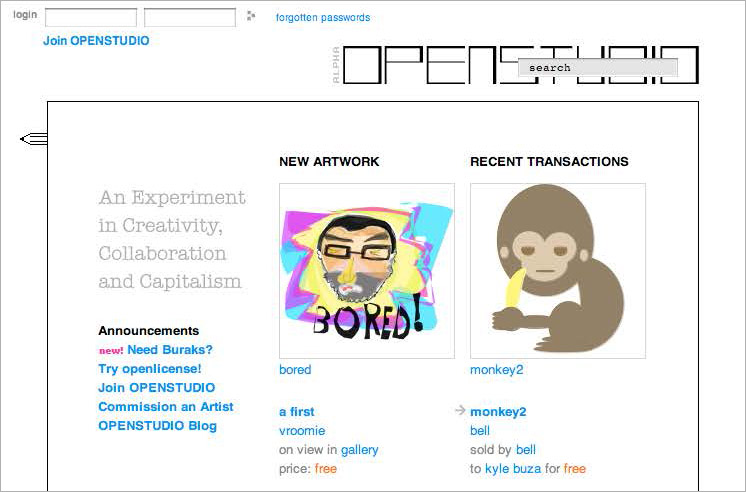 The Openstudio homepage, with a feed of announcements, new drawings, and recent financial transactions