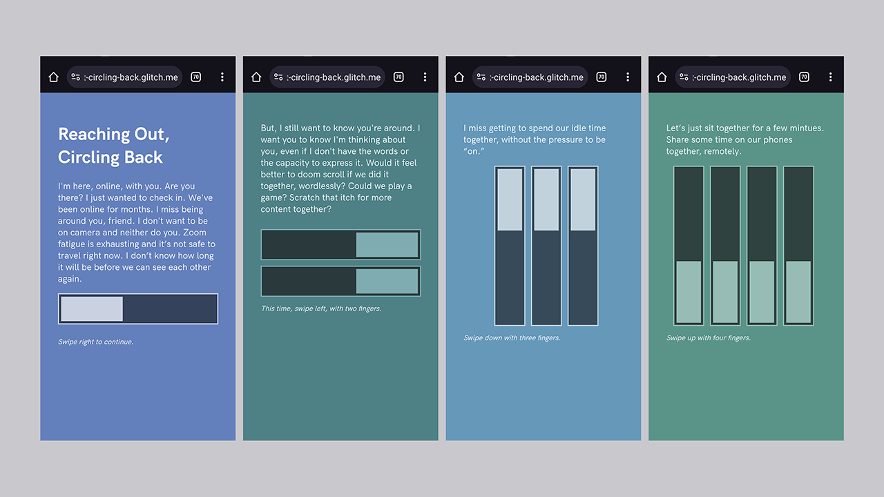 Four screenshots of Reaching Out, Circling Back showing narration and user interface for mobile device: swiping through scenes in the website.