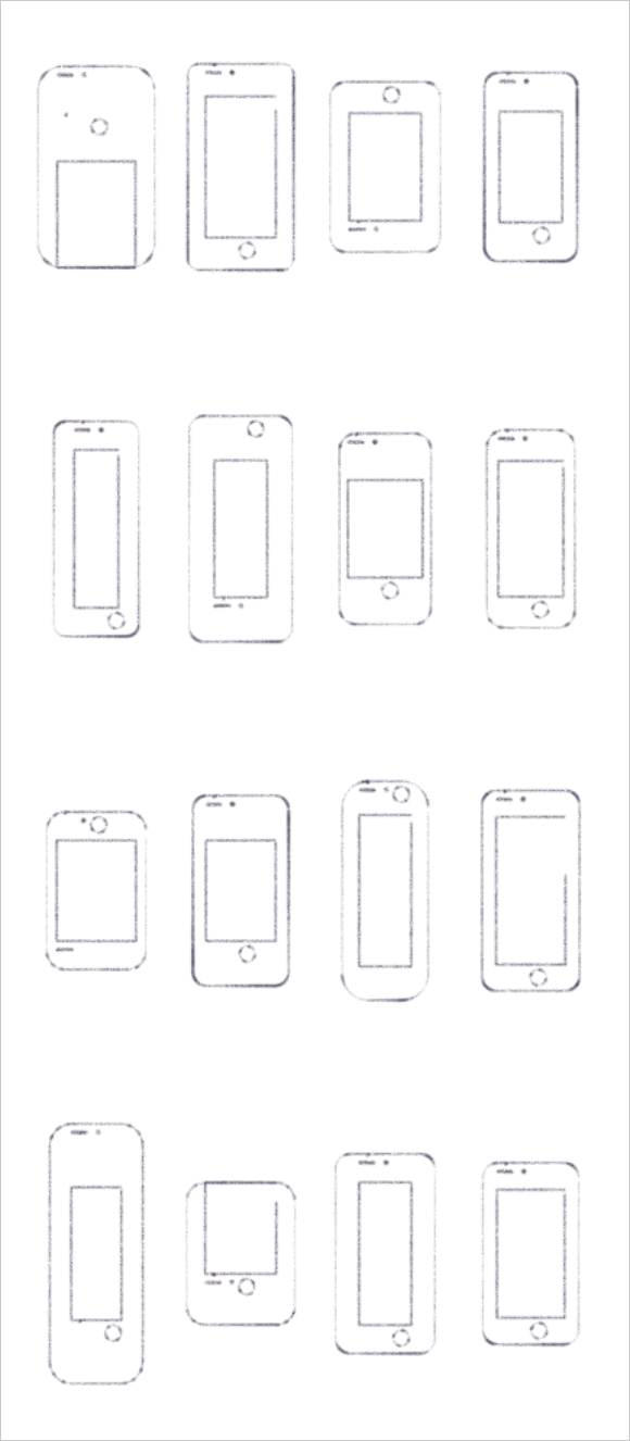Grid of pencil drawings of smartphones generated by a computer, with different, and sometimes strange, dimensions and button arrangements