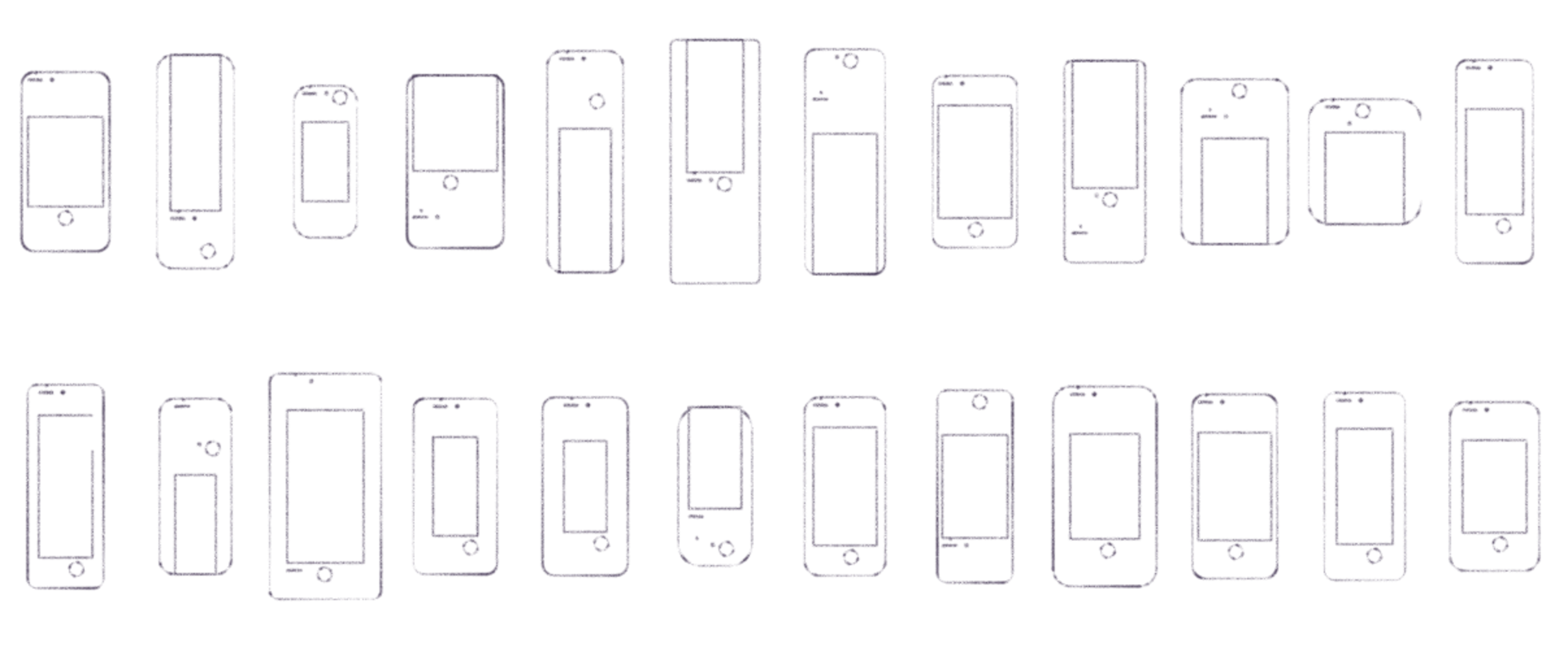 Collection of computer-generated, revolutionary smartphone sketches with random dimensions, buttons, and other facets