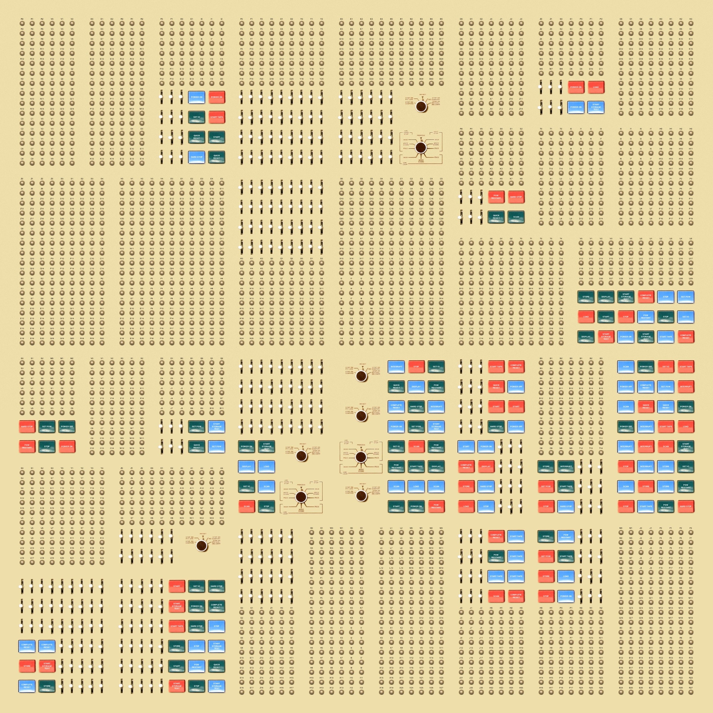 Buttons, levers, and knobs from computers of the 1960s arranged in a randomly generated grid.