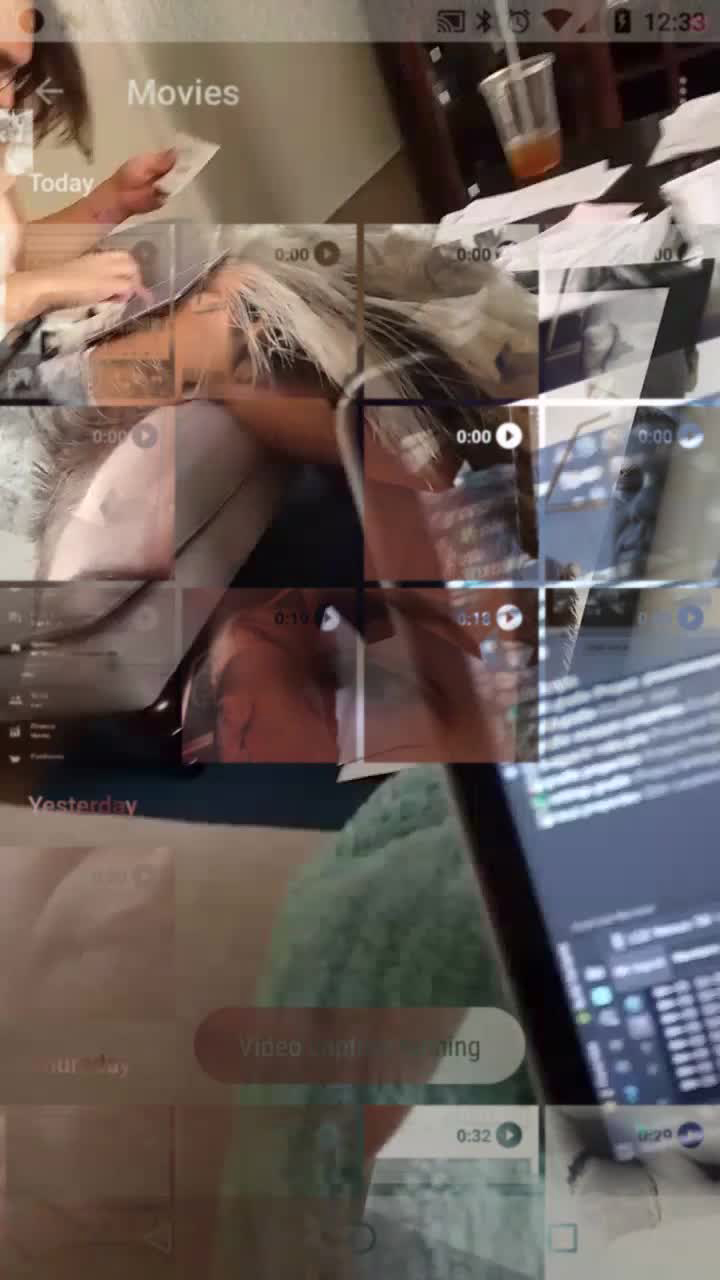 Collage of the artist working on her software in the living room of her home, checking recorded videos on her phone in user_is_present