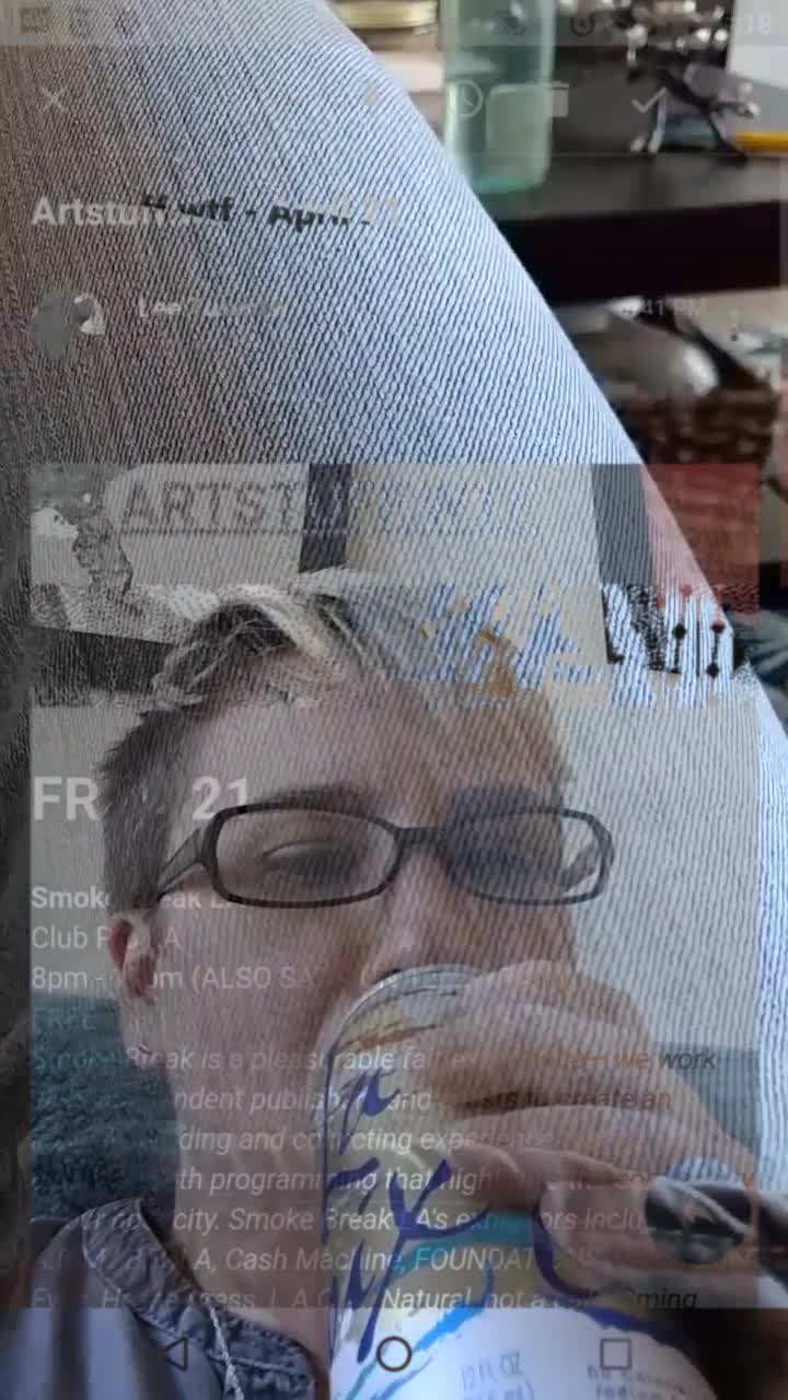 Collage of artist sipping a lacroix while at home, reading a friend's email about art events in Los Angeles, in still frame from user_is_present