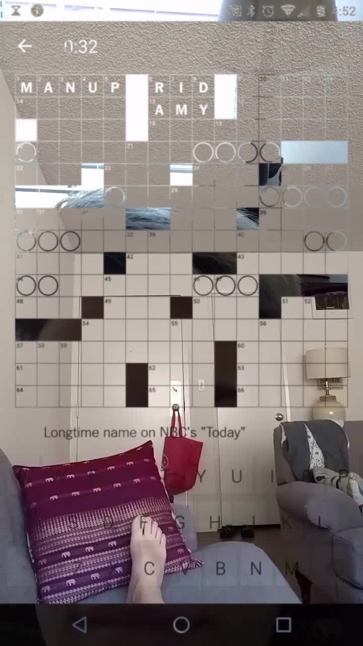 Collage of user laying on the couch while doing the Sunday New York Times crossword puzzle, in still frame from user_is_present