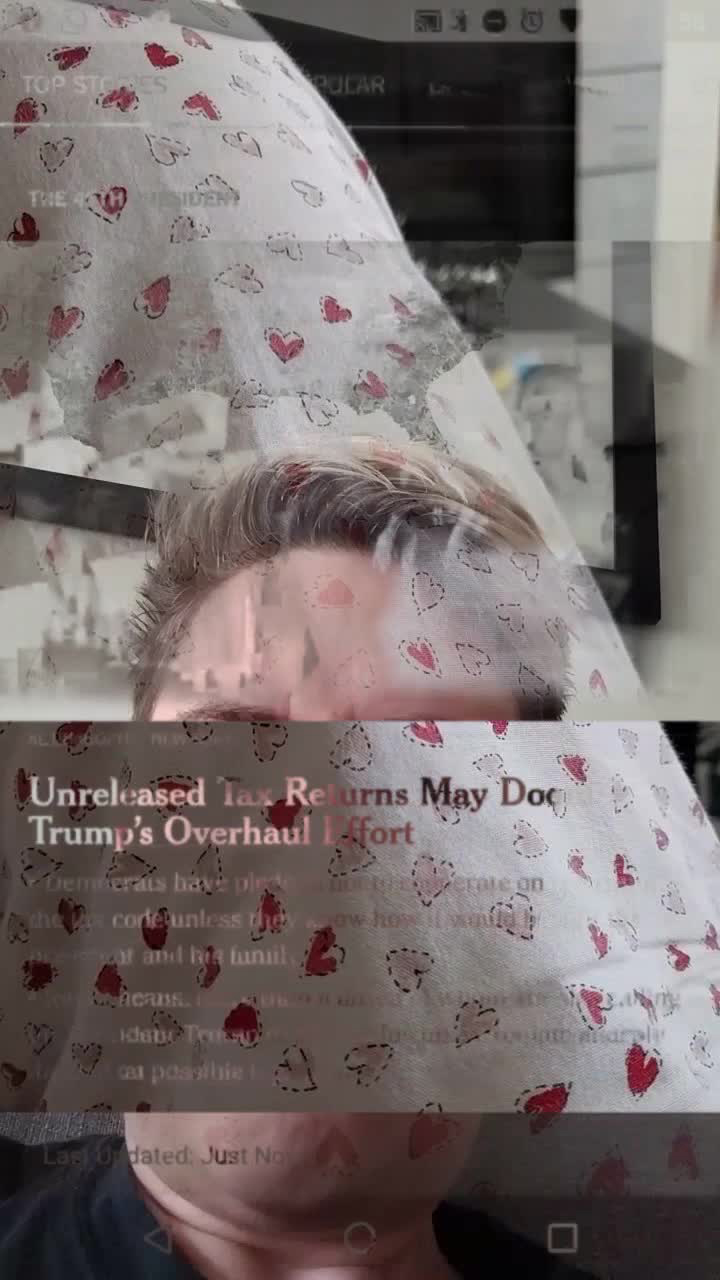 Collage of user's perplexed face and heart patterned pajamas as she scrolls through news about Trump's tax returns, in still frame from user_is_present