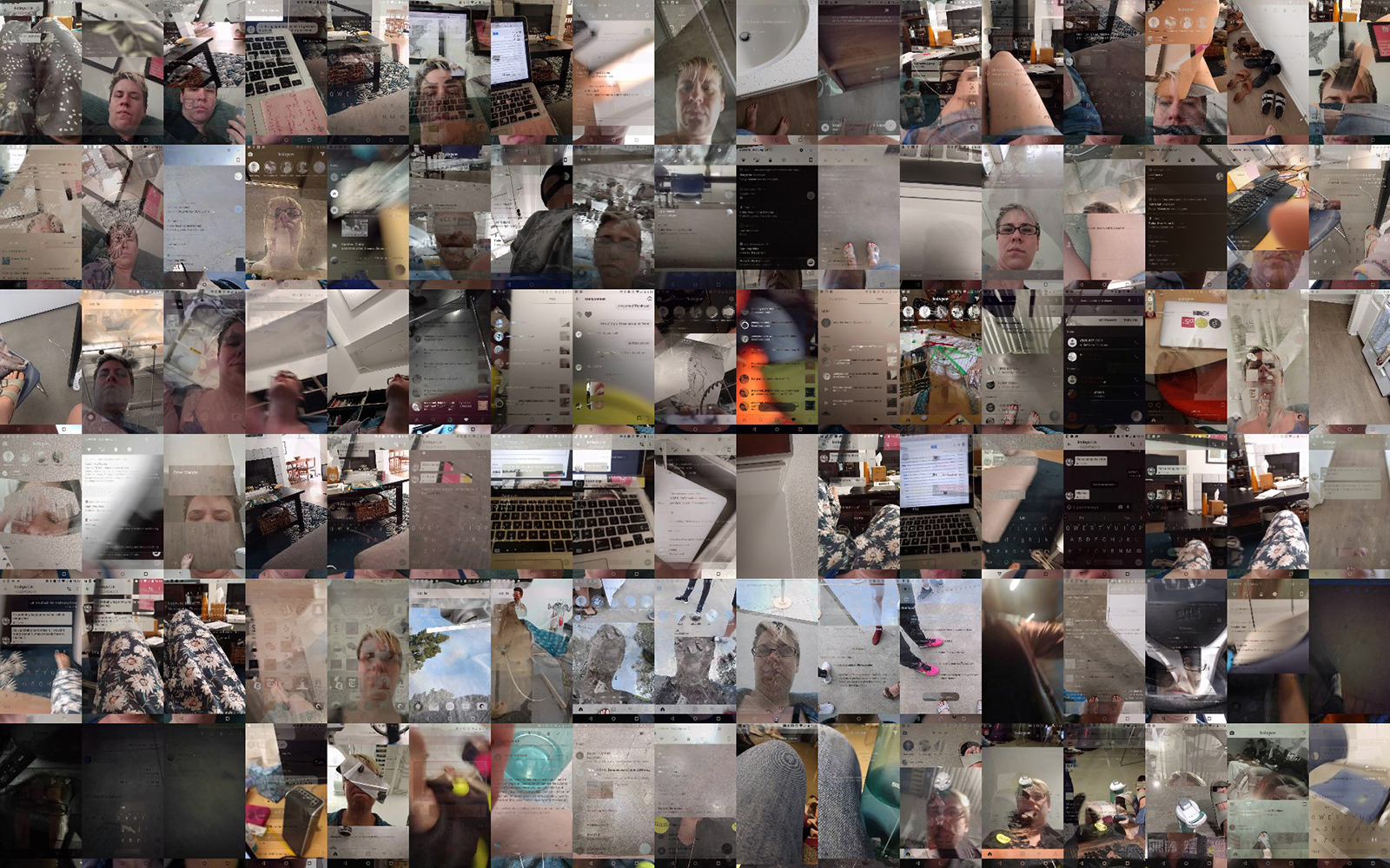 Grid of small collages of the artist working on her software in the living room of her home, checking recorded videos on her phone and other mundane tasks in user_is_present